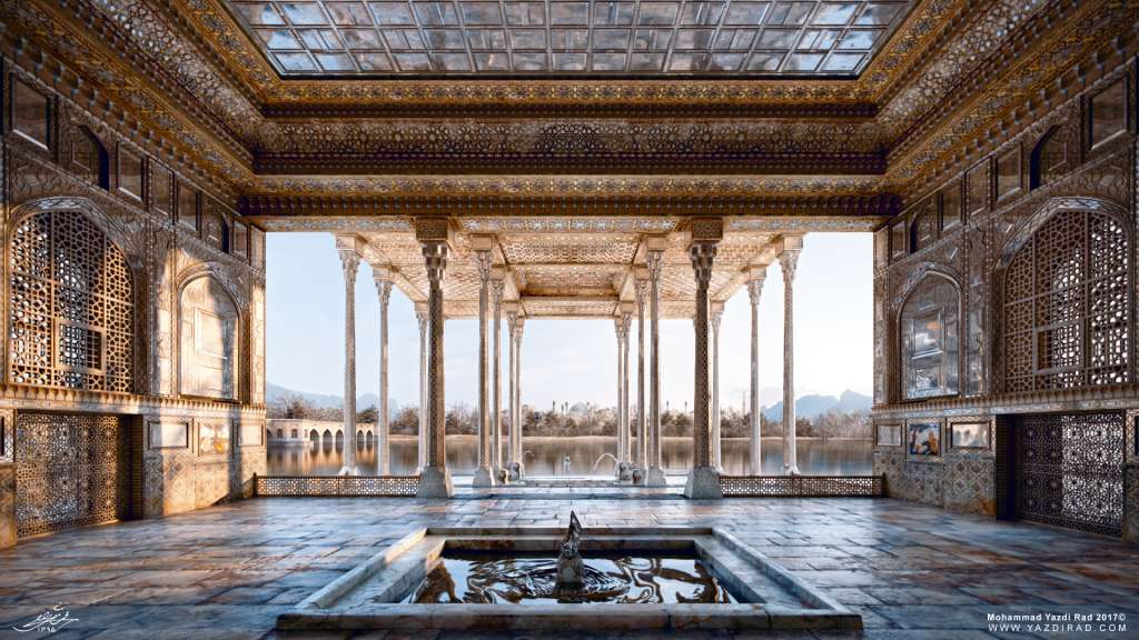 ایوان کاخ آیینه خانه اصفهان و پل چوبی (جویی)